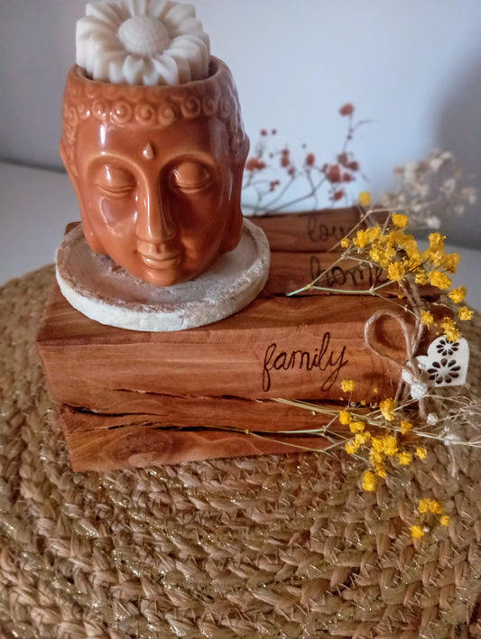 Pieza madera olivo,LOVE-HOME-FAMILY con quemador buda